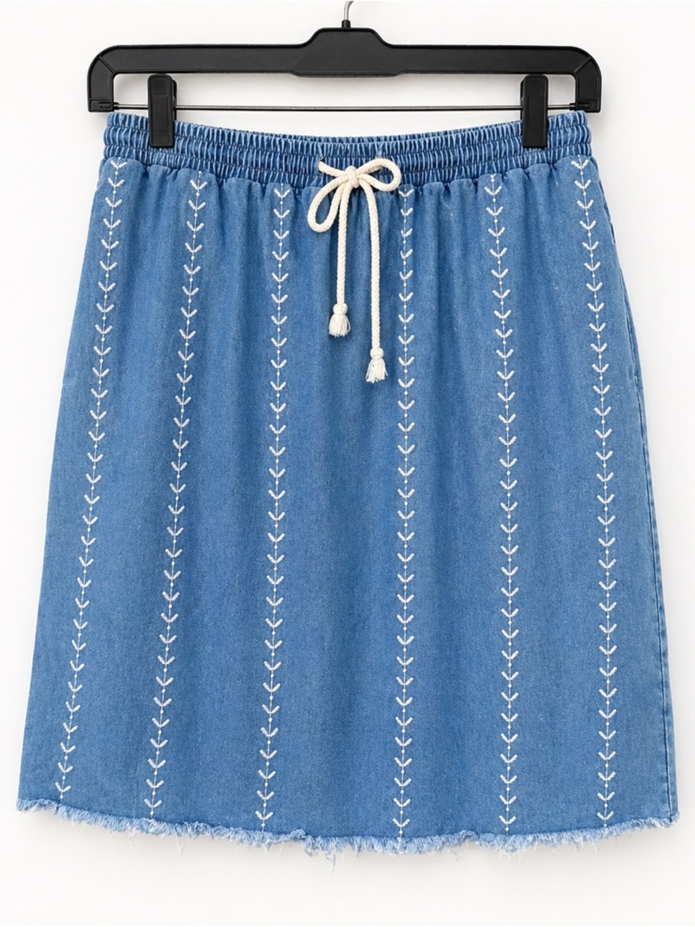 POLAGRAM Blue Denim Embroidered Skirt 90’s Drawstring Waist Raw Hem Boho Size M